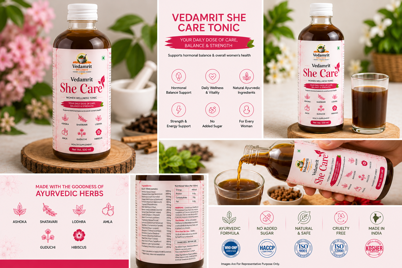 Collage of Vedamrit She Care tonic bottles and packaging with a blurred background.