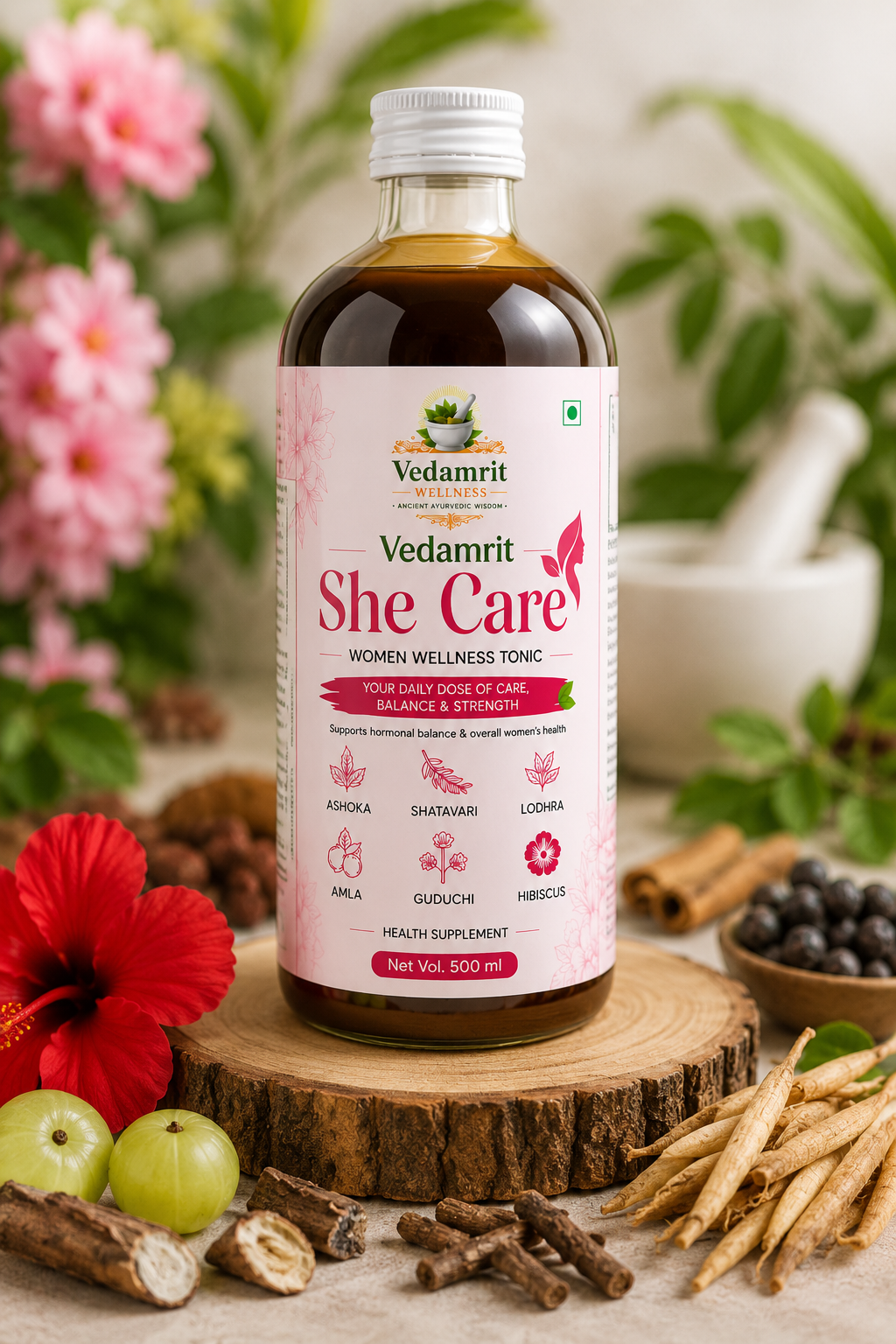 Vedamrit She Care tonic bottle on a wooden platform with flowers and herbs in the background