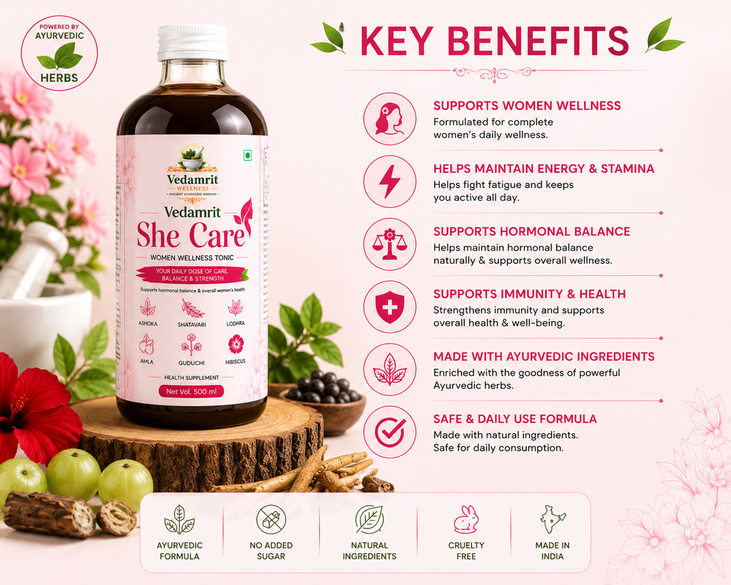 Vedamrit She Care tonic bottle with key benefits listed on a decorative background