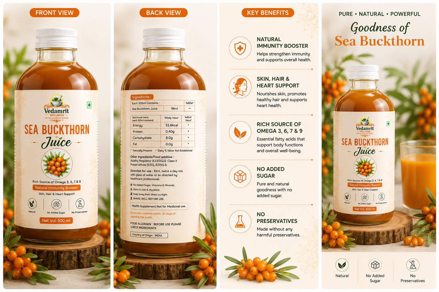 Vedantti Sea Buckthorn Juice packaging with front and back views, key benefits, and product details.