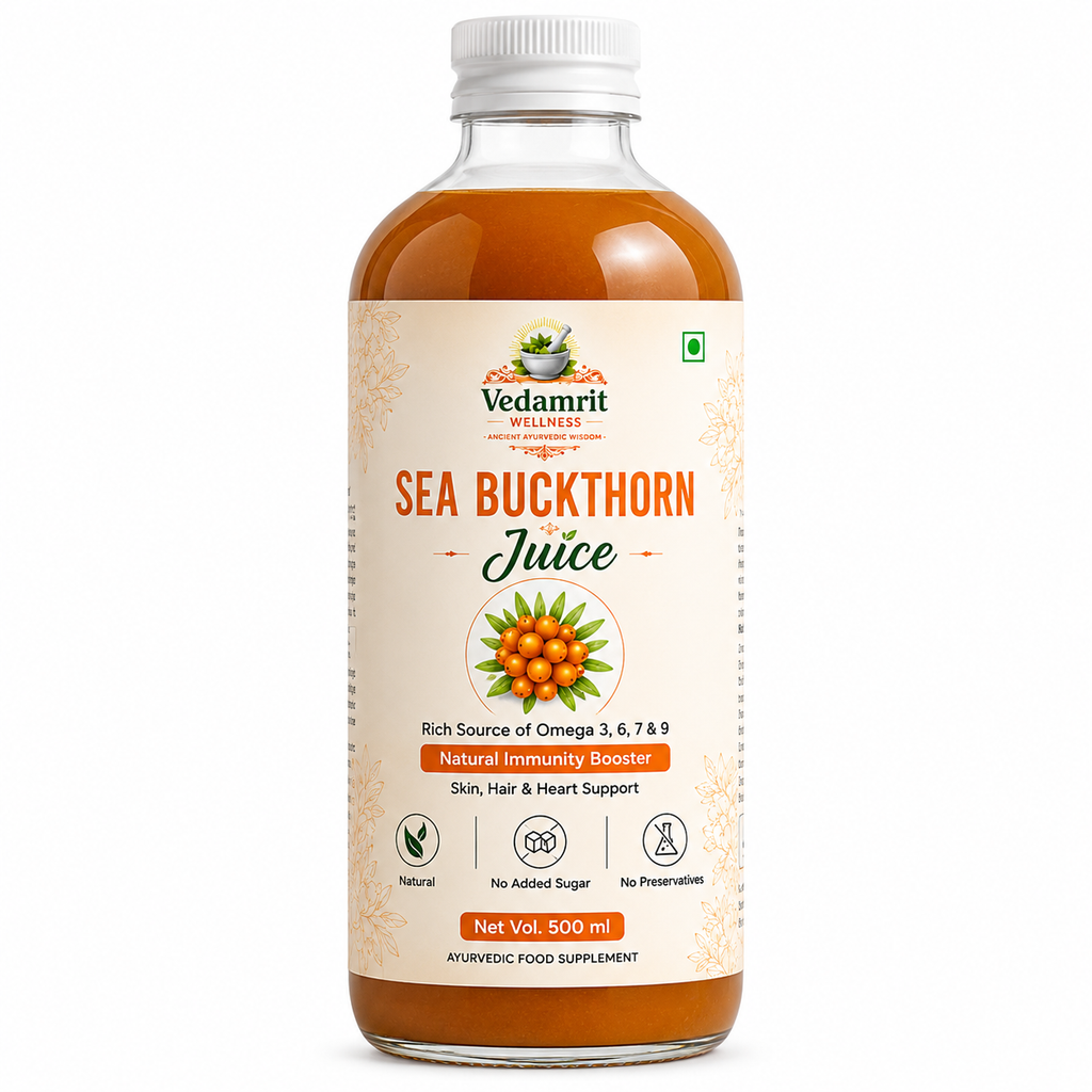Vedamrit Sea Buckthorn Juice bottle on a white background