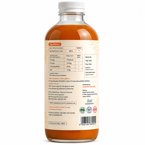 Bottle of sea buckthorn juice with label on a white background