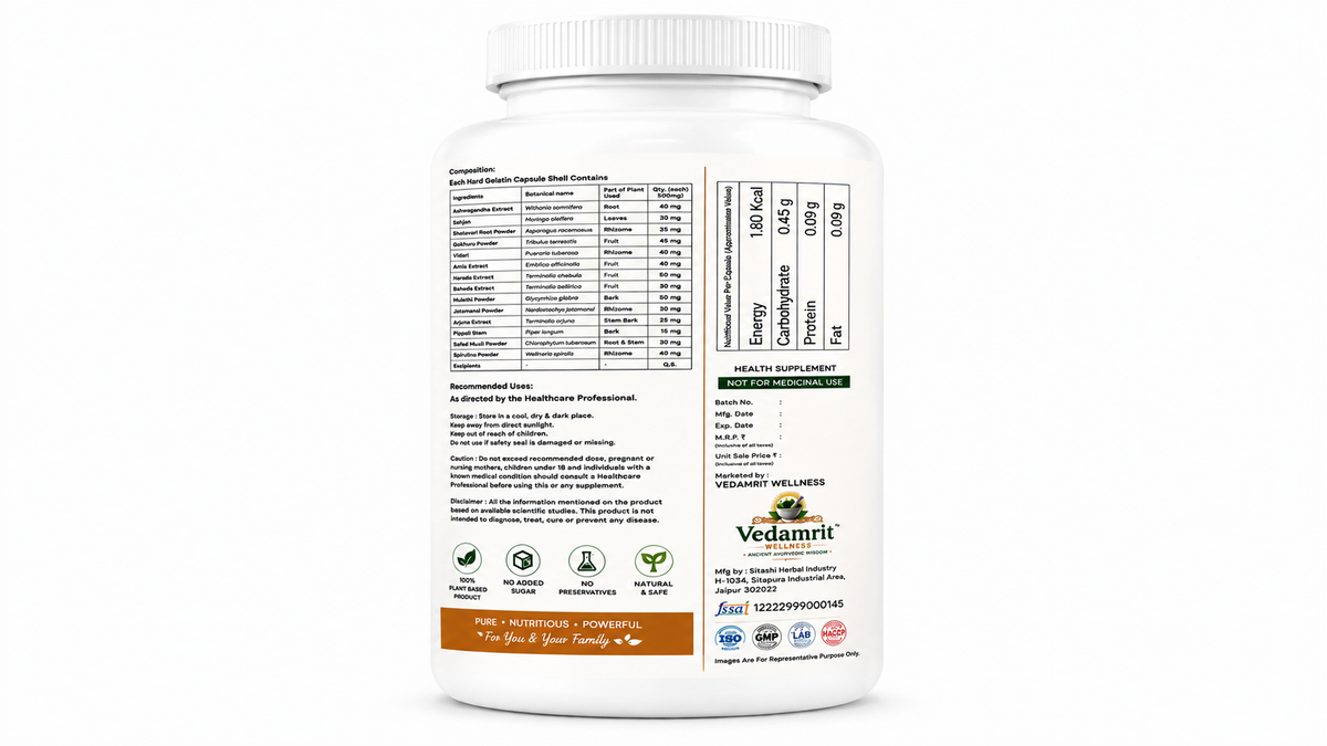 A white plastic bottle of Vedamrit Protein Powder, showing the back label with nutritional information, ingredients, and logos on a clean white background.