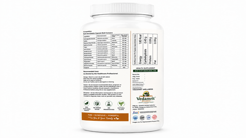 A white plastic bottle of Vedamrit Protein Powder, showing the back label with nutritional information, ingredients, and logos on a clean white background.