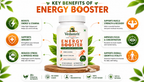 Vedamrit Energy Booster supplement bottle centered on a green infographic background with leaves and icons detailing key benefits such as energy boost, immunity support, stress reduction, and muscle strength.