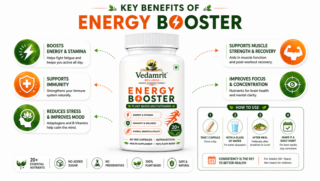 Vedamrit Energy Booster supplement bottle centered on a white background, surrounded by infographic callouts describing key benefits such as energy boost, improved focus, reduced stress, and support for muscle strength and recovery.