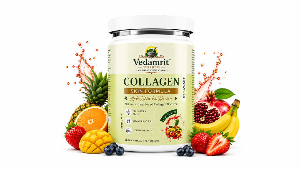 A white plastic tub of Vedamrit Collagen Skin Formula centered on a white background, surrounded by fresh fruits including pineapple, strawberries, mango, orange, bananas, and pomegranate with splash graphics.