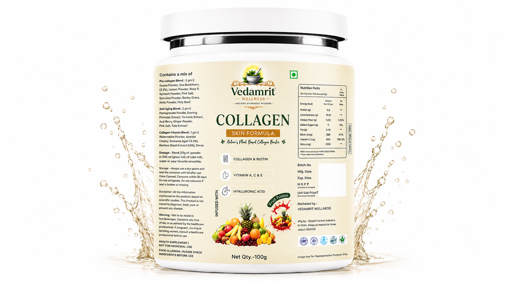 A 100g tub of Vedaamrit Collagen with Fruit & Vegetable Extract powder, shown on a white background with a water splash graphic on both sides.