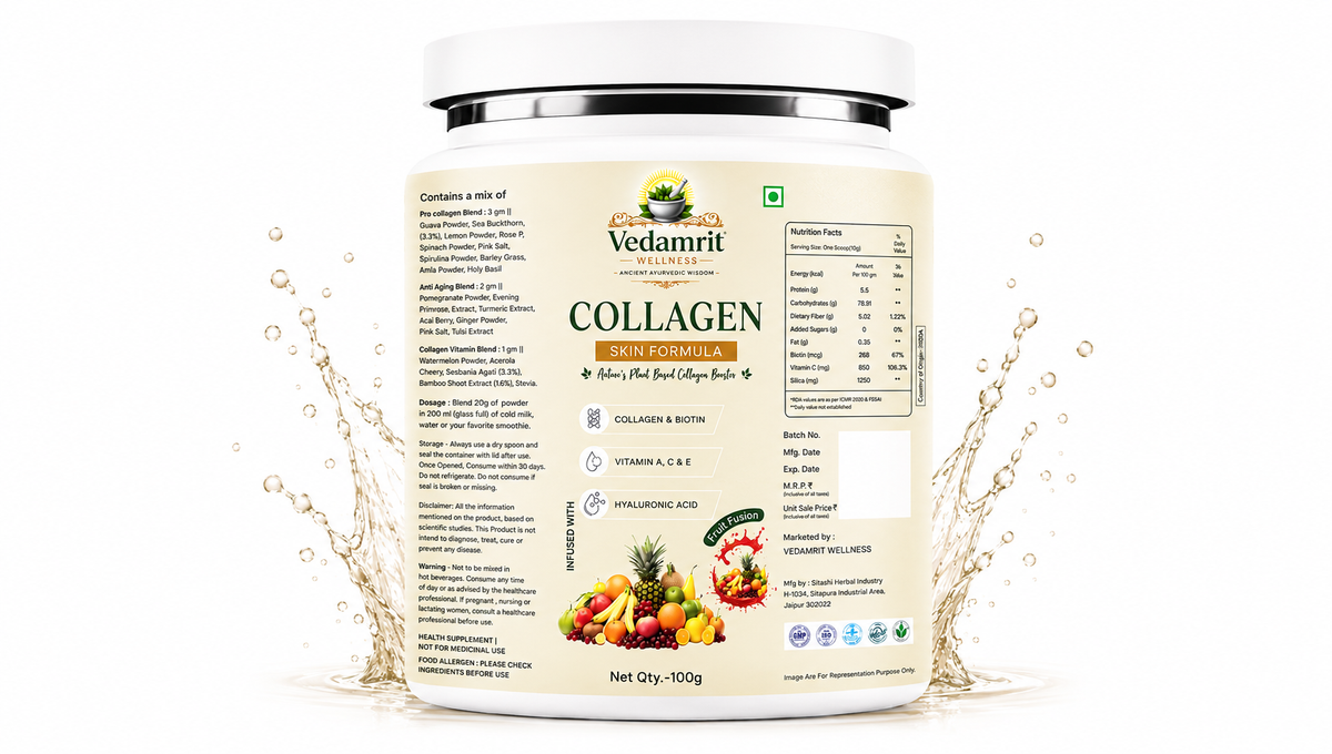 A 100g tub of Vedaamrit Collagen with Fruit & Vegetable Extract powder, shown on a white background with a water splash graphic on both sides.