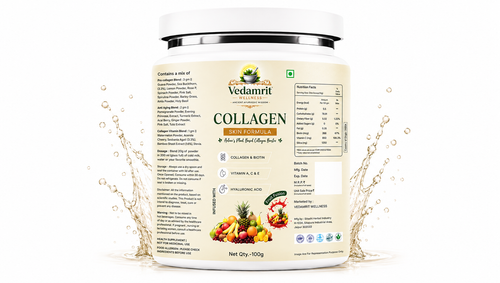A 100g tub of Vedaamrit Collagen with Fruit & Vegetable Extract powder, shown on a white background with a water splash graphic on both sides.