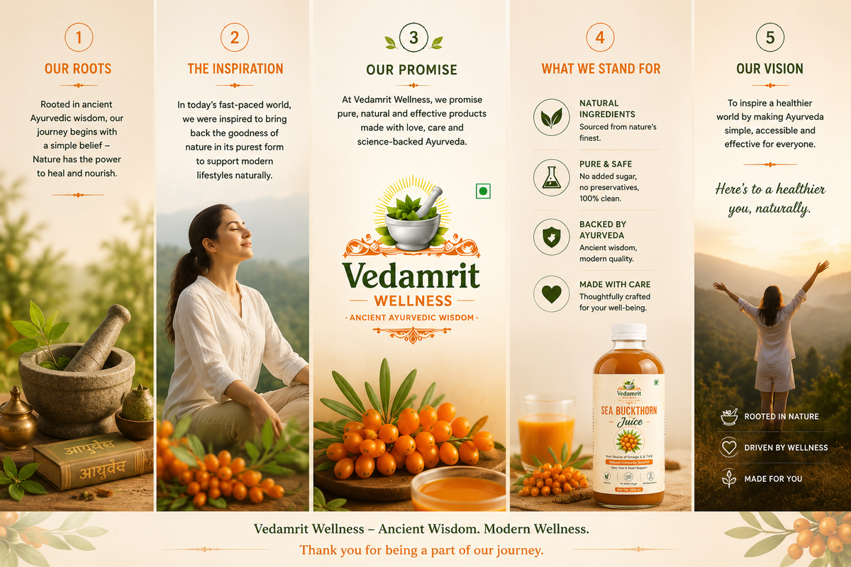 Vedamrit Wellness promotional graphic with branding and product imagery.