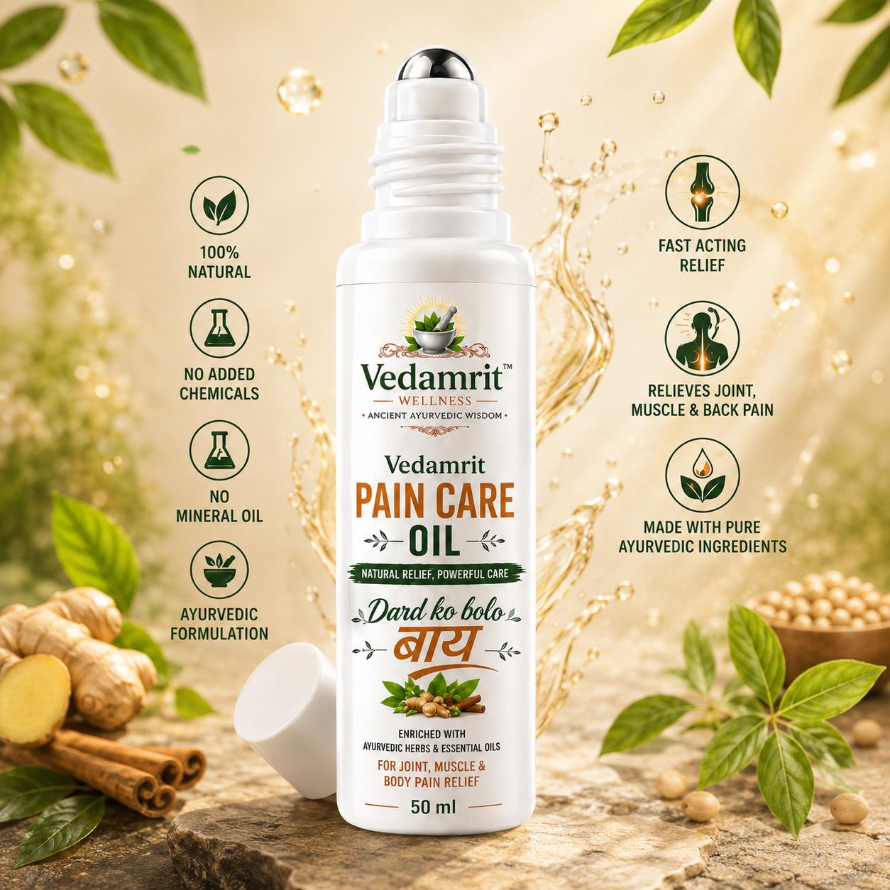 Vedamrit Pain Care Oil bottle with natural ingredients on a wooden surface