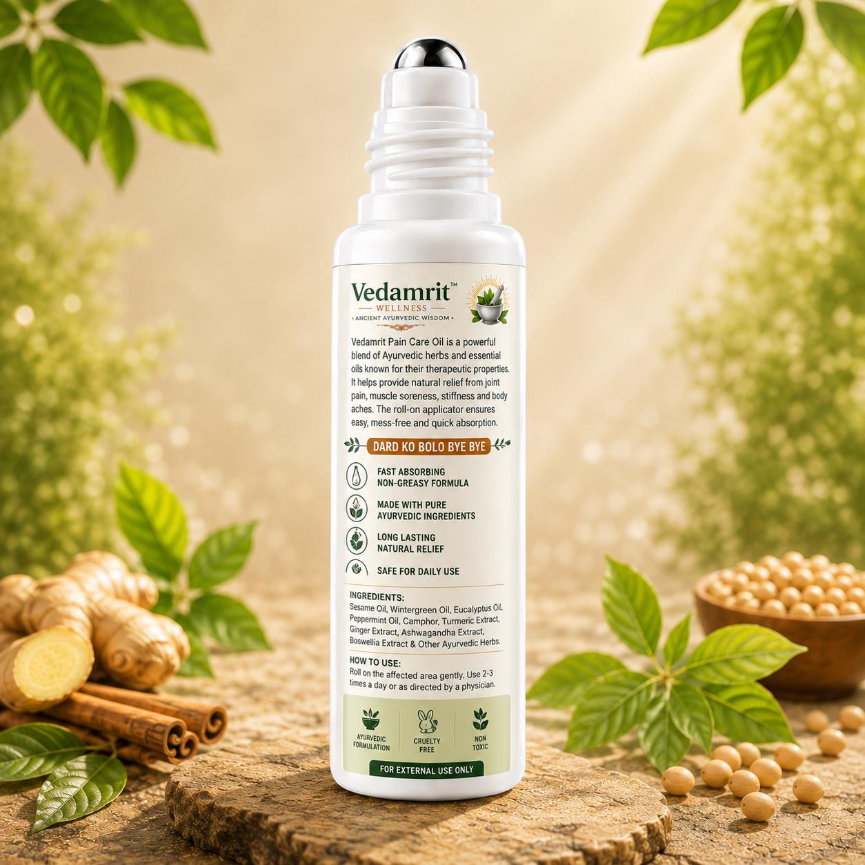 Vedamrit pain care oil bottle with natural ingredients on a wooden surface