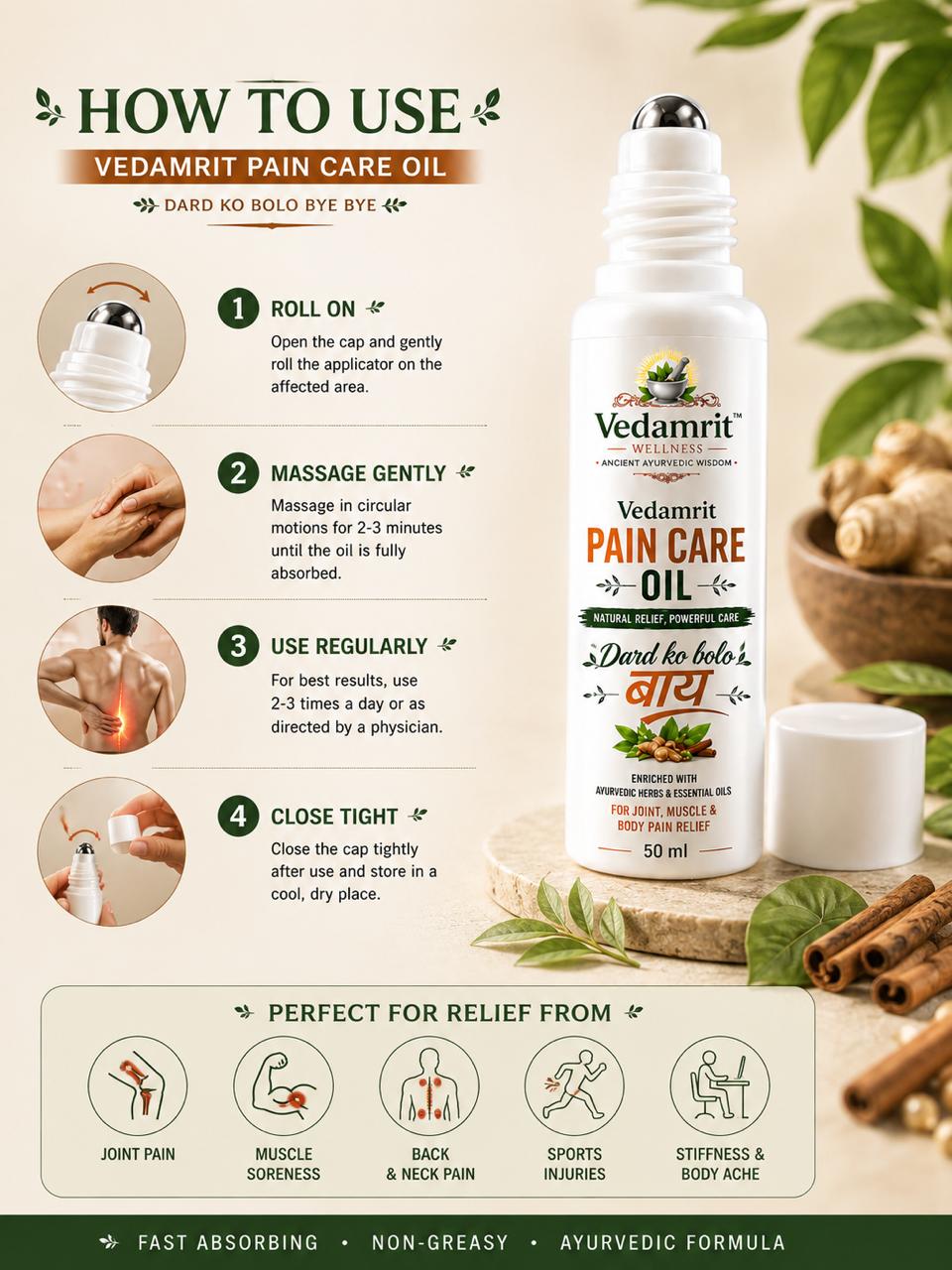 Vedamrit Pain Care Oil bottle with usage instructions and benefits on a natural background