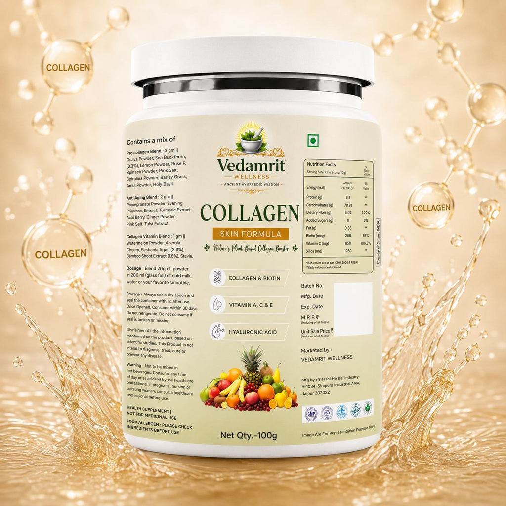 Vedamrit Wellness collagen skin formula container with nutritional information on a gold background