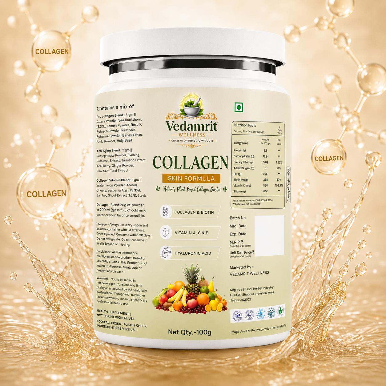 Vedamrit Wellness collagen skin formula container with nutritional information on a gold background