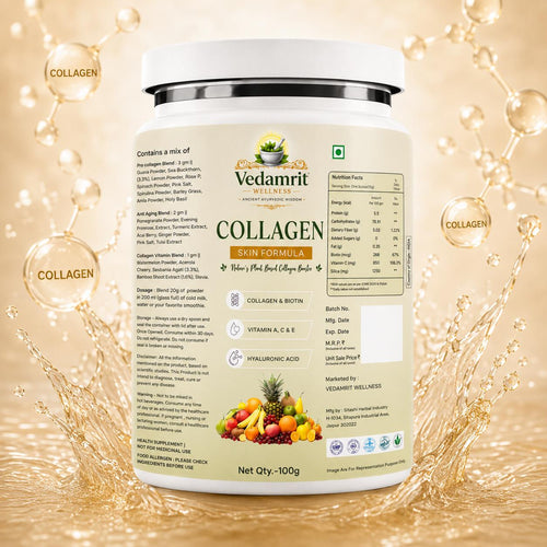 Vedamrit Wellness collagen skin formula container with nutritional information on a gold background