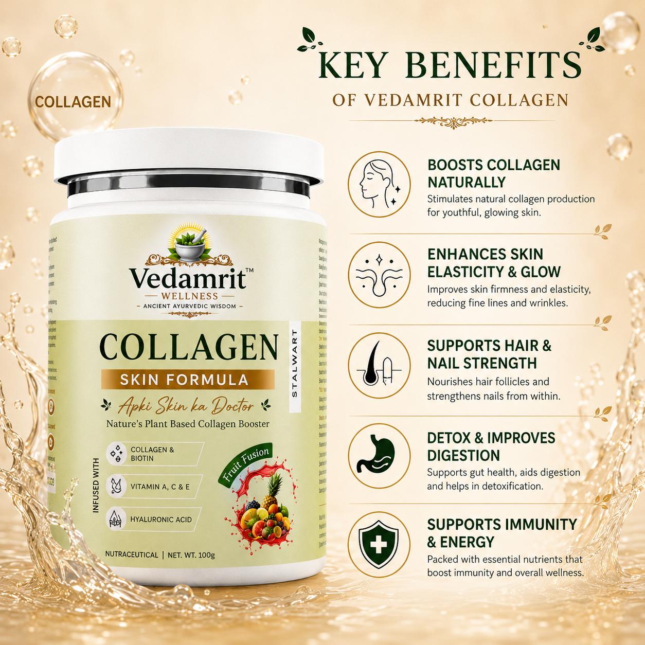 Vedamrit Collagen Skin Formula with key benefits on a beige background
