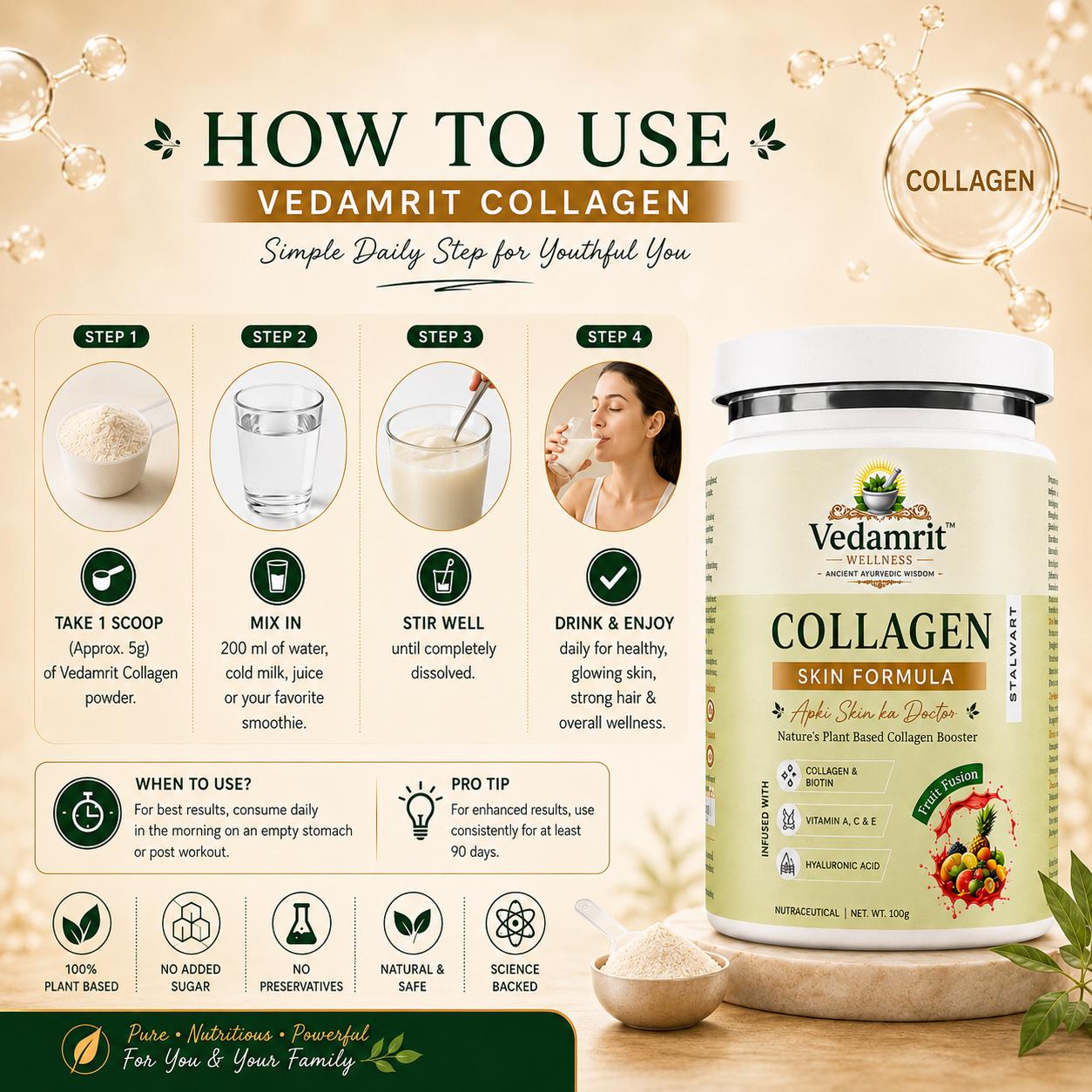 Vedamrit Collagen product with usage instructions on a beige background
