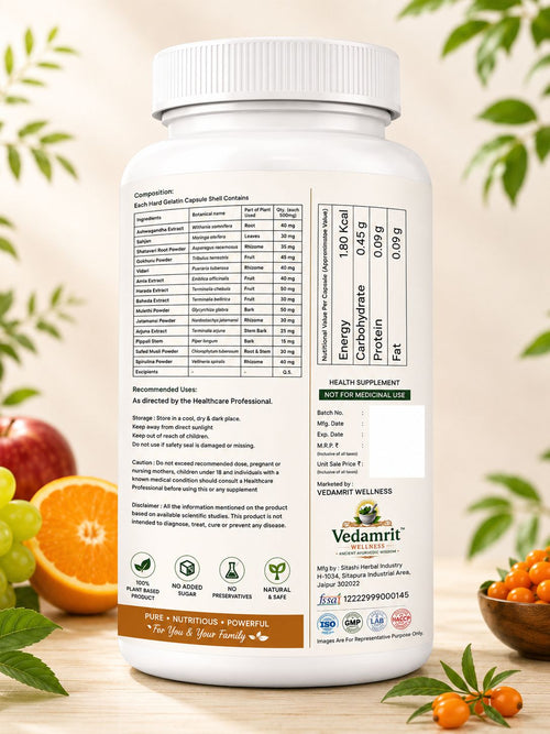 Vedamrit supplement bottle with nutritional information on a wooden surface with fruits and leaves in the background