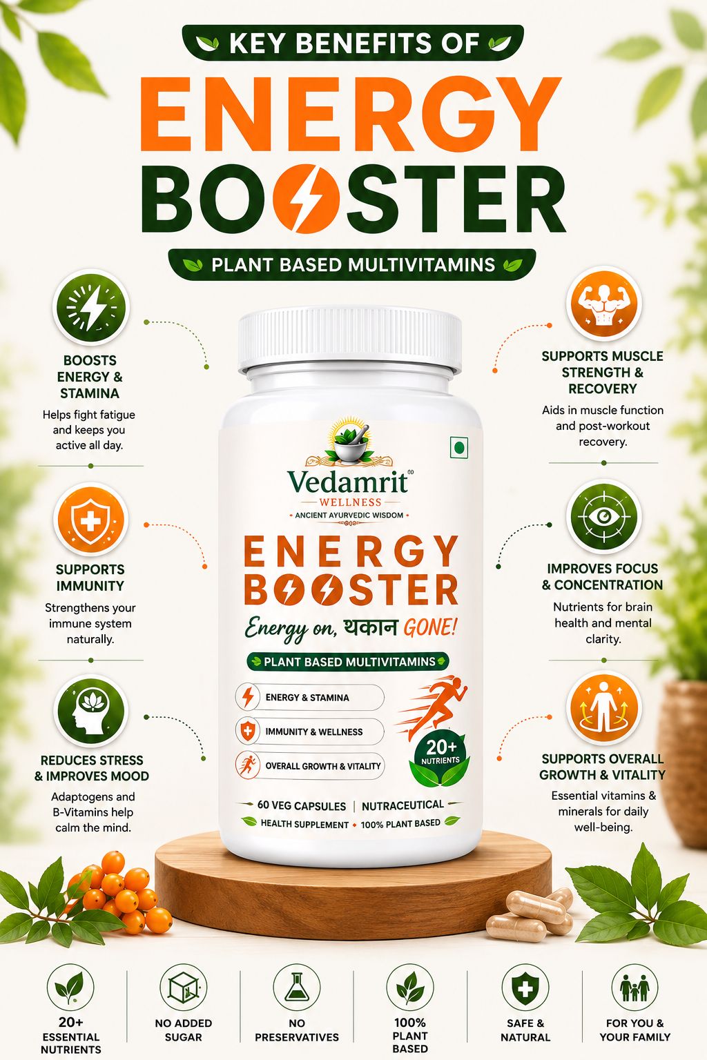 Vedamrit Energy Booster supplement bottle with key benefits on a white background