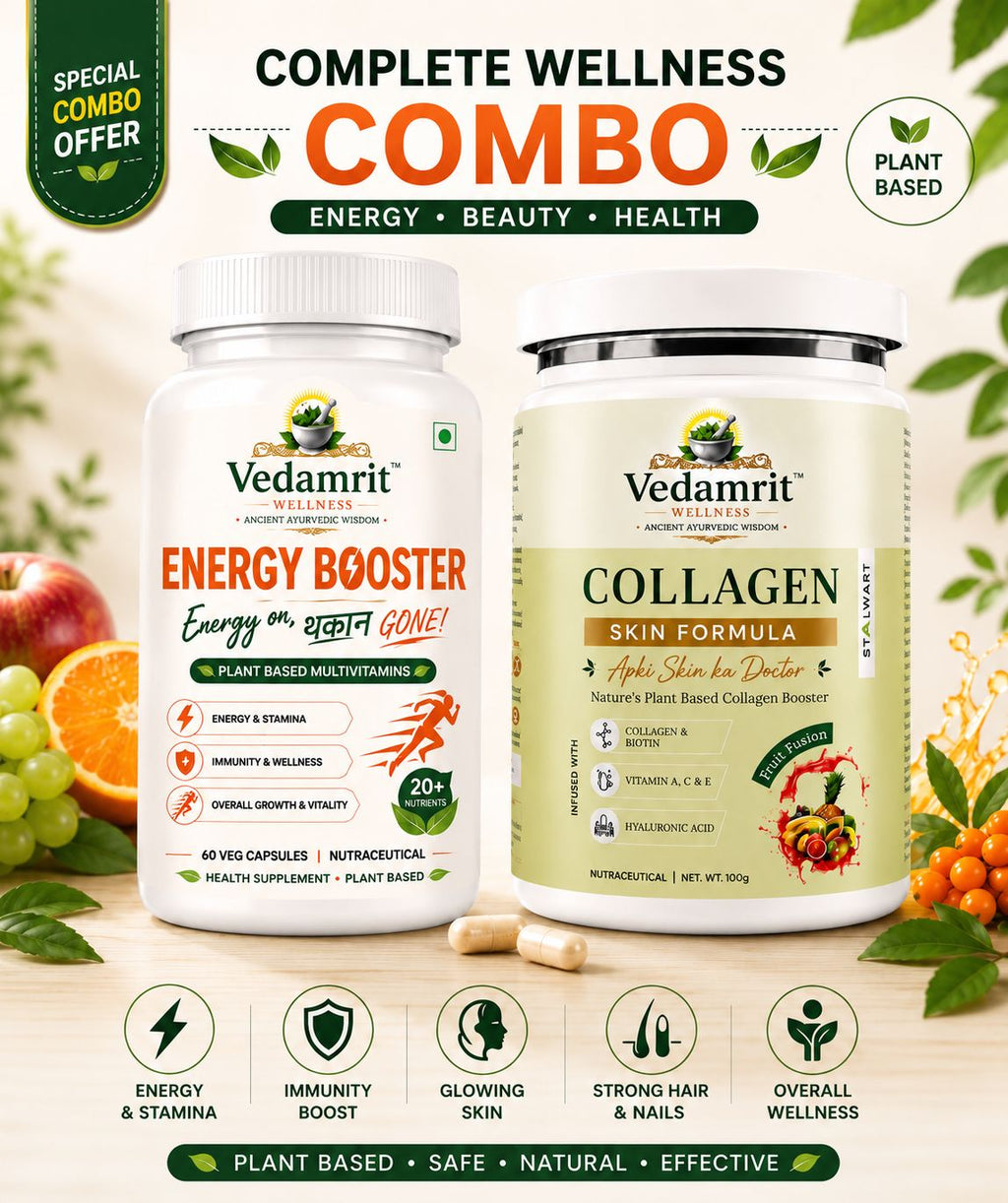 Vedamrit wellness products including Energy Booster and Collagen Skin Formula on a wooden surface with fruits and leaves.