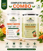 Vedamrit wellness products including Energy Booster and Collagen Skin Formula on a wooden surface with fruits and leaves.