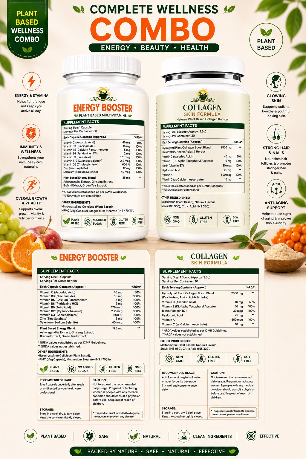 Two supplement containers labeled 'Energy Booster' and 'Collagen' with their respective labels on a wooden surface.