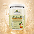Vedamrit Wellness Collagen Skin Formula supplement jar with collagen graphics on a beige background
