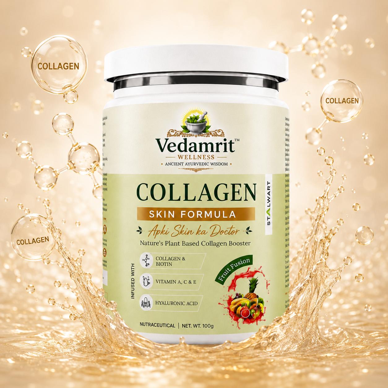 Vedamrit Wellness Collagen Skin Formula supplement jar with collagen graphics on a beige background