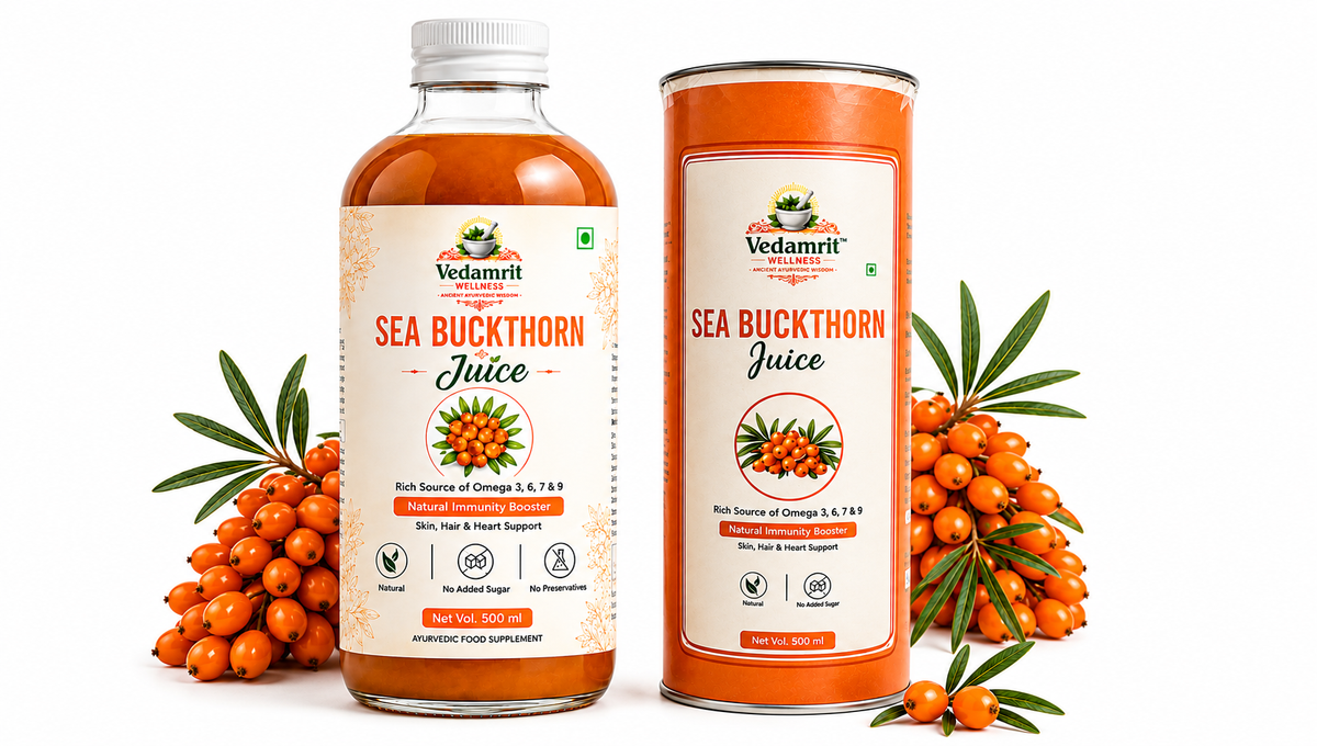 A bottle and a can of Vedamrit Sea Buckthorn Juice displayed on a white background, flanked by clusters of orange sea buckthorn berries with green leaves.